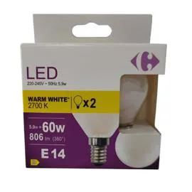 CARREFOUR Ampoule LED E14 Sphérique Blanc-chaud 60W X2 x2