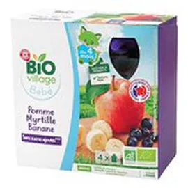 MARQUE REPÈRE, BIO VILLAGE Gourde - 4 mois Pomme Banane Myrtille 4x90g
