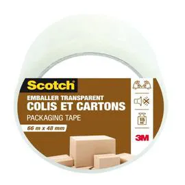 3M, SCOTCH Adhésif emballage PP transparent 66mx48mm l'unité