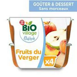 MARQUE REPÈRE, BIO VILLAGE Purée 4 mois Fruits verger bio 4x100g
