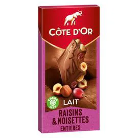 CÔTE D'OR Chocolat au lait aux raisins et noisettes entières 180g