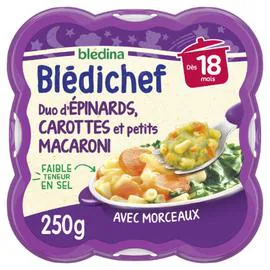 BLÉDINA, BLÉDICHEF Plat bébé dès 18 mois duo d'épinards carottes et petits macaroni 250g