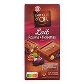 MARQUE REPÈRE, TABLETTE D'OR Chocolat au lait Raisins secs & Noisettes 200g