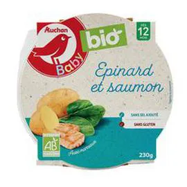 AUCHAN BABY BIO Assiette épinard bio au saumon dès 12 mois 230g