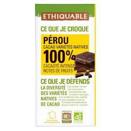 ÉTHIQUABLE Chocolat noir 100% cacao rond et chocolaté Pérou Bio 100g