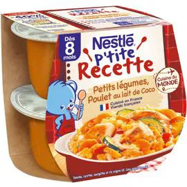 NESTLÉ, P'TITE RECETTE Plat bébé dés 8 mois, petits légumes poulet au lait de coco 2x200g