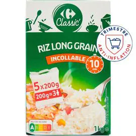 CARREFOUR CLASSIC' Riz long grain incollable 10 min 5x200g