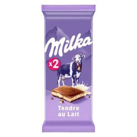 MILKA Chocolat au lait Tendre au Lait 2x100g