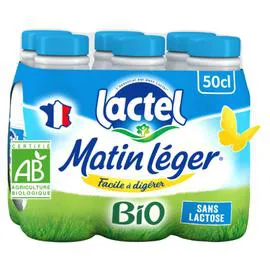 LACTEL, MATIN LÉGER Lait Bio Sans lactose UHT Demi-Ecrémé 6x50cl