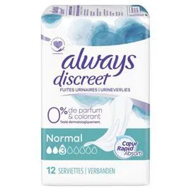 ALWAYS, DISCREET Serviettes pour fuites urinaires "Urineverlies"- normal x12