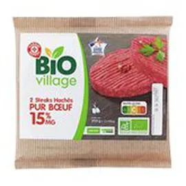 MARQUE REPÈRE, BIO VILLAGE Steak haché 15% MG Bio 2x100g