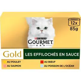 PURINA Aliment pour chat les effilochés en sauce poulet boeuf saumon poisson 12x85g