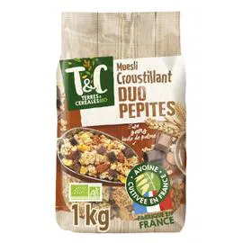 TERRES & CÉRÉALES BIO Céréales muesli croustillant duo pépites chocolat noir et chocolat au lait Bio 1kg