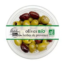 L'ATELIER BLINI Olives vertes et noires dénoyautées aux herbes de Provence & ail 150g