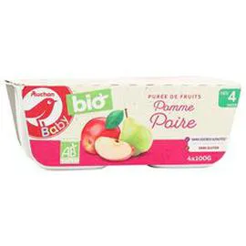 AUCHAN BABY BIO Petit pot dessert pomme poire dès 4 mois 4x100g