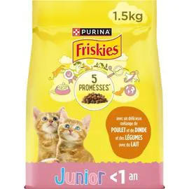 PURINA FRISKIES Croquettes pour chat junior <1an avec un mélange de poulet, dinde et des légumes avec du lait 1,5kg