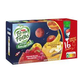 POM'POTES Compotes Les P'tits Explorateurs pomme fraise framboise, banane vanille sans sucres ajoutés 16x90g